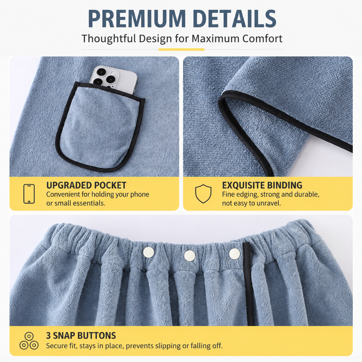 Light blue men's bath towel and gray towel set, made of coral fleece, quick-drying and absorbent. The towels have adjustable snap buttons, are soft and comfortable, and suitable for bathrooms, gyms, saunas, home spas, and other occasions