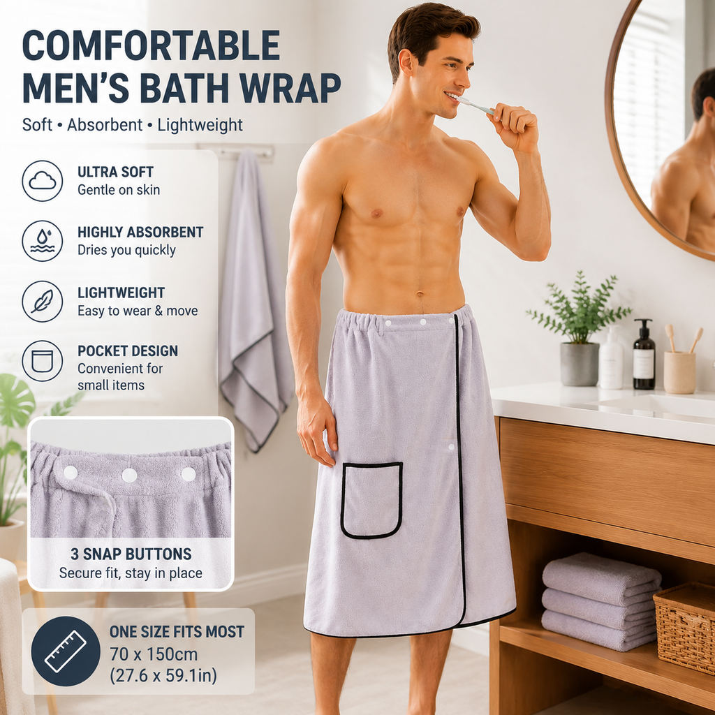 Men’s Bath Wrap Microfiber Quick Dry Absorbent Adjustable Snap Closure Grey Bath Towel Wrap Lightweight Bathroom Spa Gym Travel Use 70x150cm Comfortable Fit