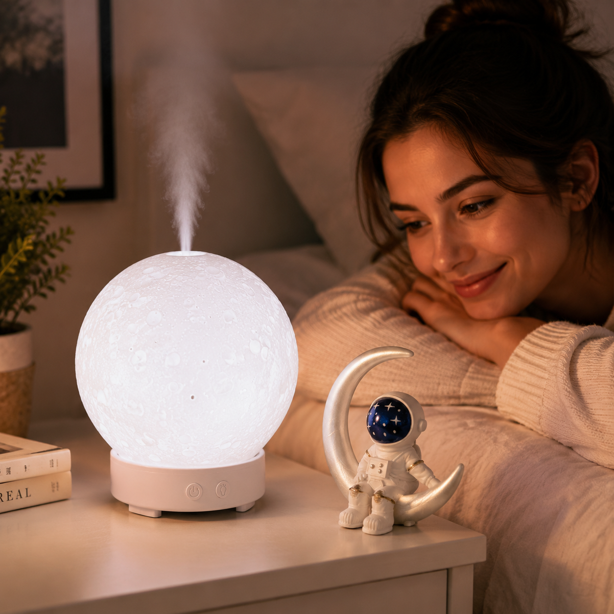 Moonlight Dreams Moon Lamp Humidifier Night Light USB Aroma Diffuser with Astronaut Figurine 7-Color LED Galaxy Bedroom Decor Gift for Kids & Adults (White base version)