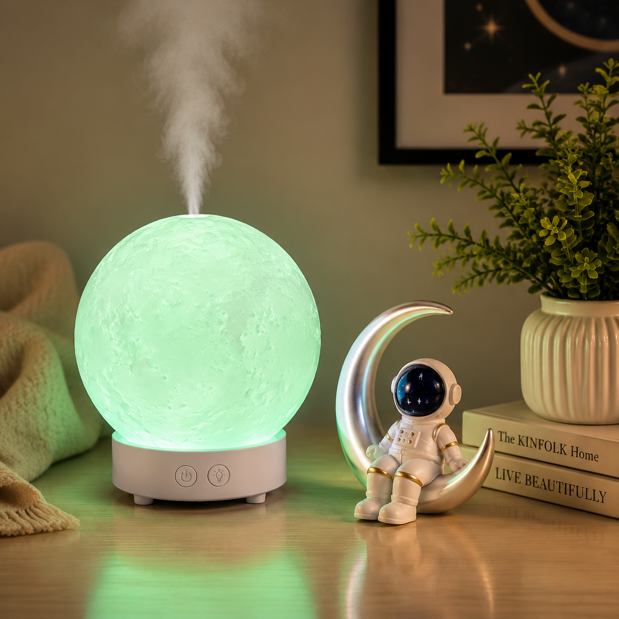 Moonlight Dreams Moon Lamp Humidifier Night Light USB Aroma Diffuser with Astronaut Figurine 7-Color LED Galaxy Bedroom Decor Gift for Kids & Adults (White base version)