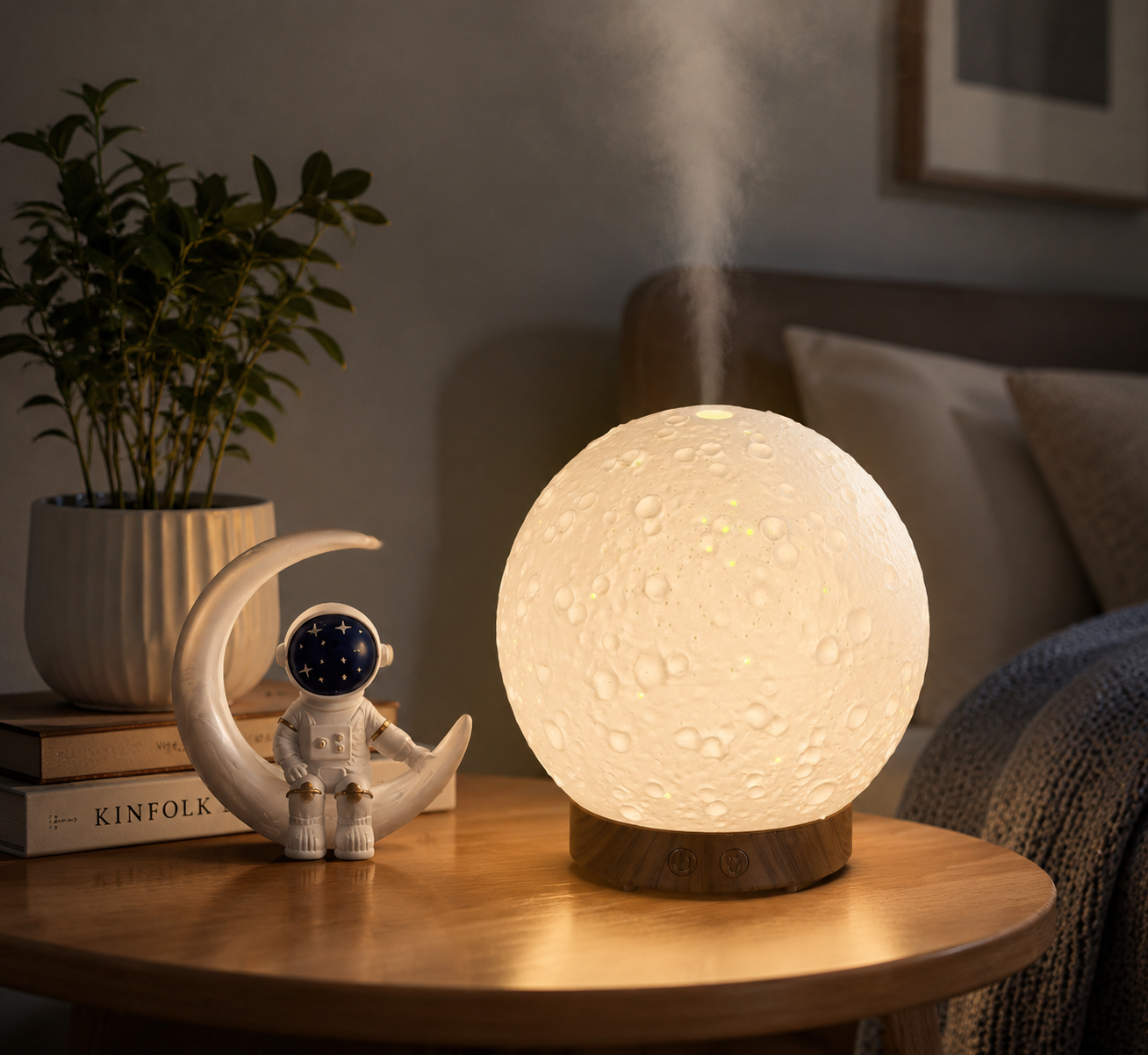 Moonlight Dreams Moon Lamp Humidifier Night Light USB Aroma Diffuser with Astronaut Figurine 7-Color LED Galaxy Bedroom Decor Gift for Kids & Adults (Light wood grain base)