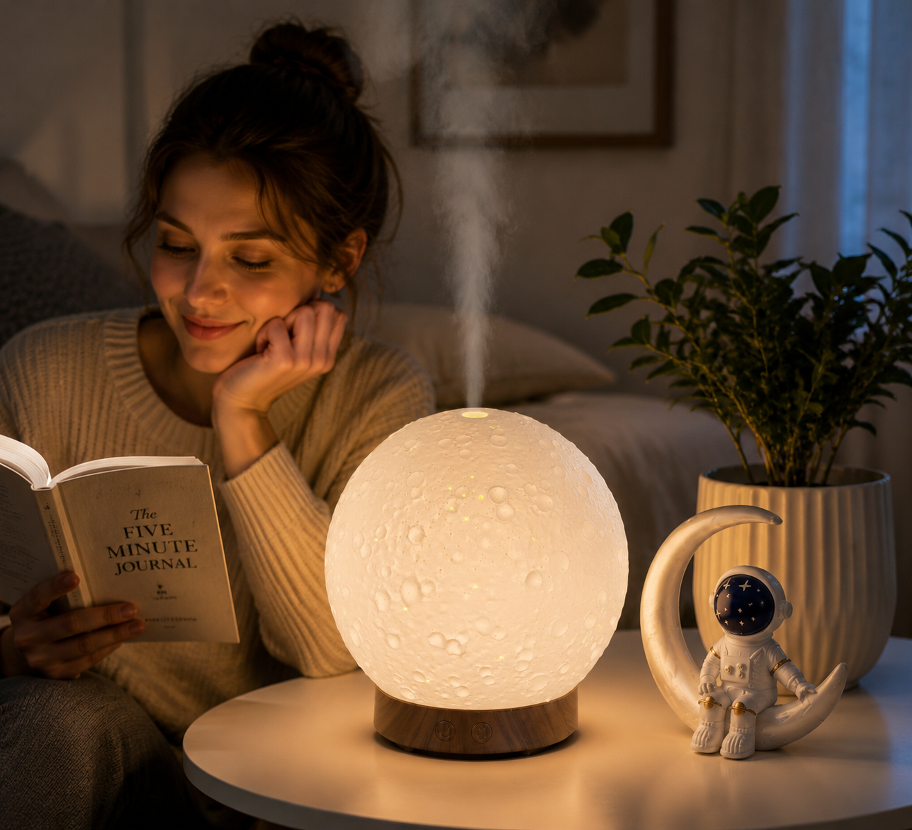 Moonlight Dreams Moon Lamp Humidifier Night Light USB Aroma Diffuser with Astronaut Figurine 7-Color LED Galaxy Bedroom Decor Gift for Kids & Adults (Light wood grain base)