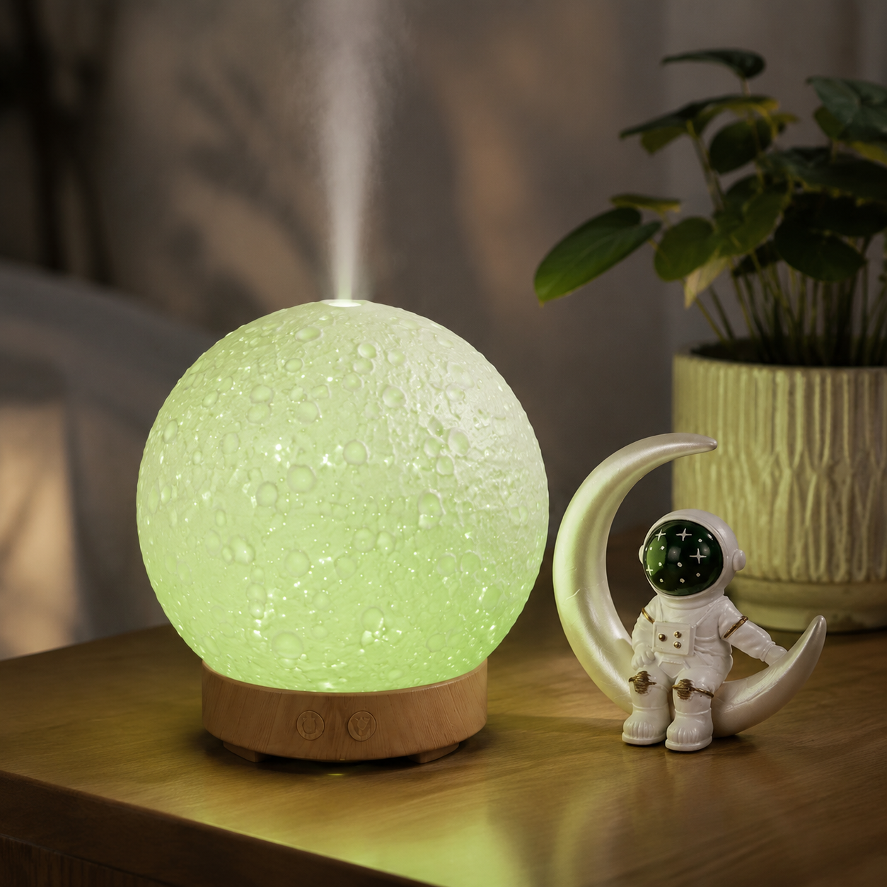 Moonlight Dreams Moon Lamp Humidifier Night Light USB Aroma Diffuser with Astronaut Figurine 7-Color LED Galaxy Bedroom Decor Gift for Kids & Adults (Light wood grain base)
