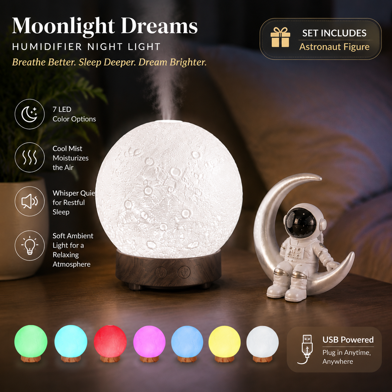Moonlight Dreams Moon Lamp Humidifier Night Light USB Aroma Diffuser with Astronaut Figurine 7-Color LED Galaxy Bedroom Decor Gift for Kids & Adults (Dark wood grain base)