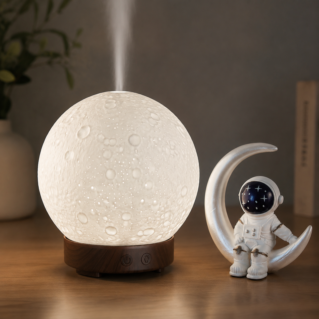 Moonlight Dreams Moon Lamp Humidifier Night Light USB Aroma Diffuser with Astronaut Figurine 7-Color LED Galaxy Bedroom Decor Gift for Kids & Adults (Dark wood grain base)