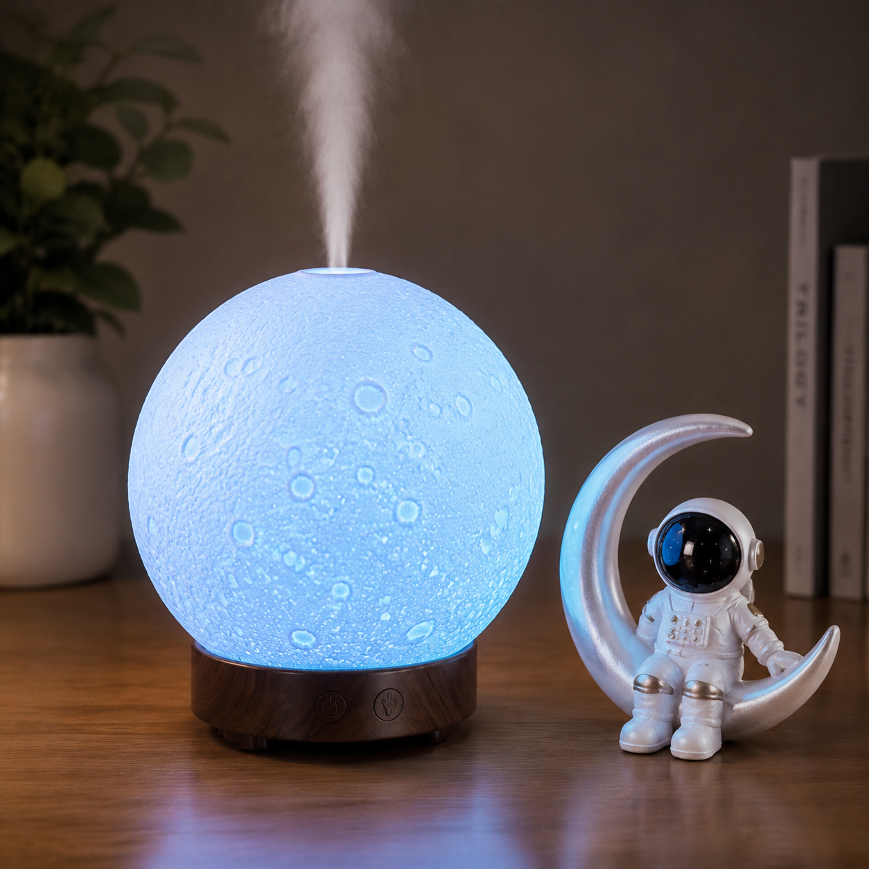 Moonlight Dreams Moon Lamp Humidifier Night Light USB Aroma Diffuser with Astronaut Figurine 7-Color LED Galaxy Bedroom Decor Gift for Kids & Adults (Dark wood grain base)