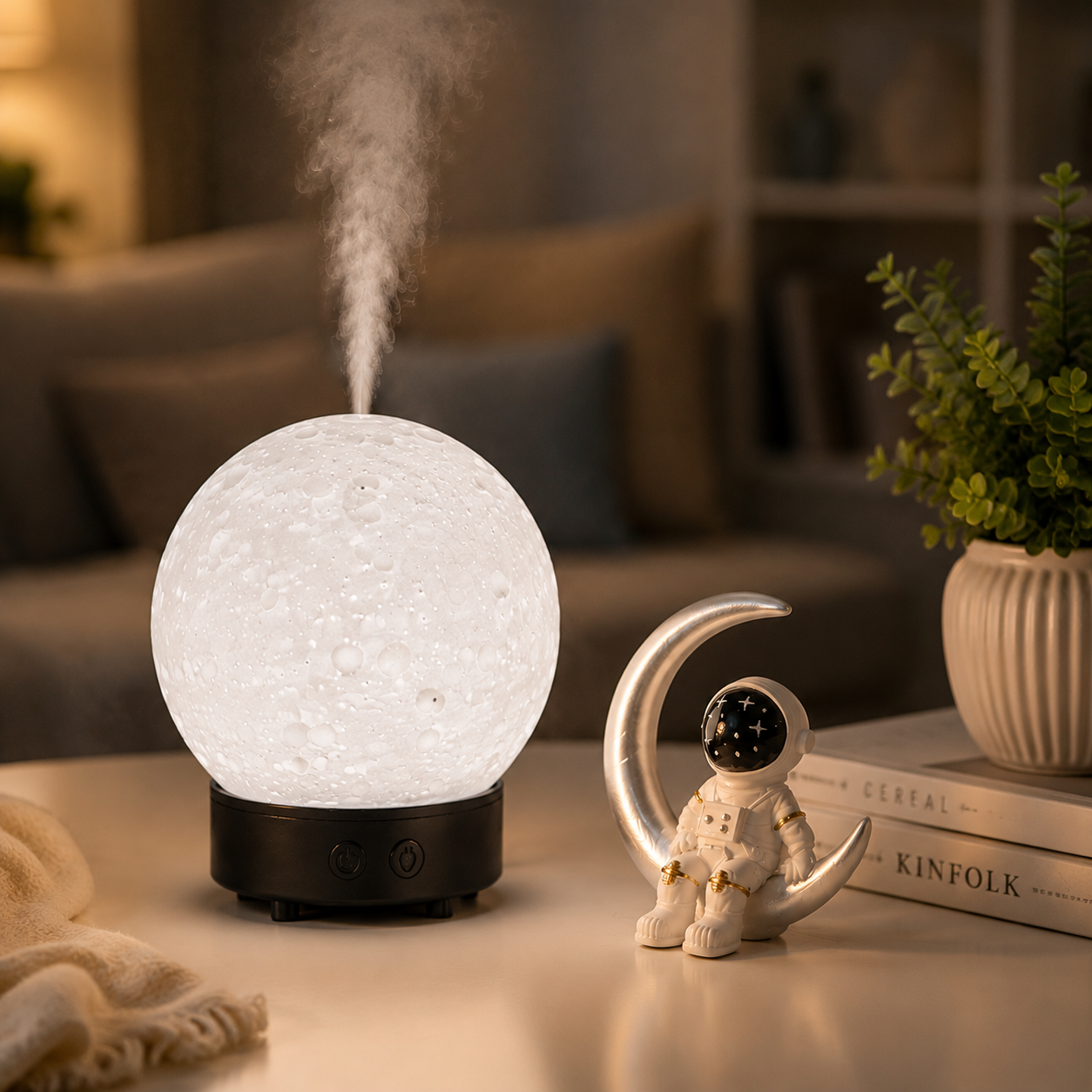 Moonlight Dreams Moon Lamp Humidifier Night Light USB Aroma Diffuser with Astronaut Figurine 7-Color LED Galaxy Bedroom Decor Gift for Kids & Adults (Black base)