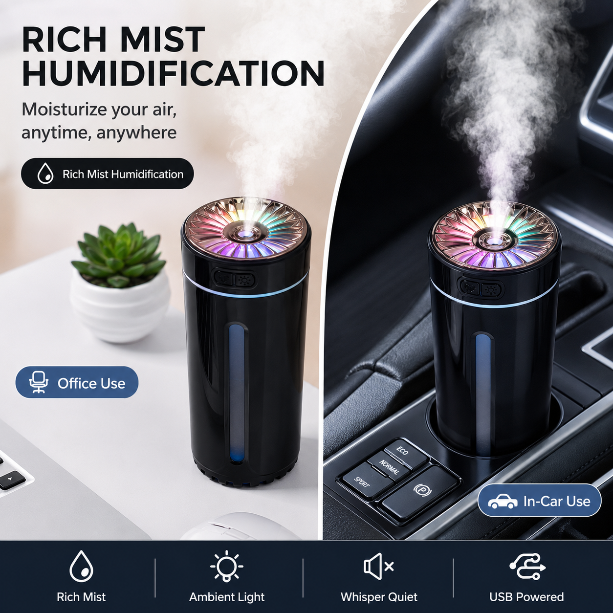 Pink USB Rechargeable Car Aroma Diffuser Humidifier with Ambient Light, 300ml Portable Mist Air Freshener for Vehicle Office Home