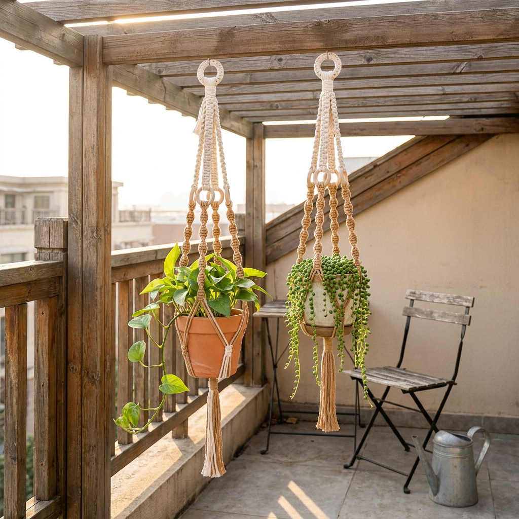 Handmade Plant Hanger Set 2 PCS（Type A）, Macrame Hanging Planter Basket with Cotton Rope Woven Design, Boho Plant Holder for Indoor Outdoor Garden Balcony Home Decor, Creative Hanging Flower Pot Holder