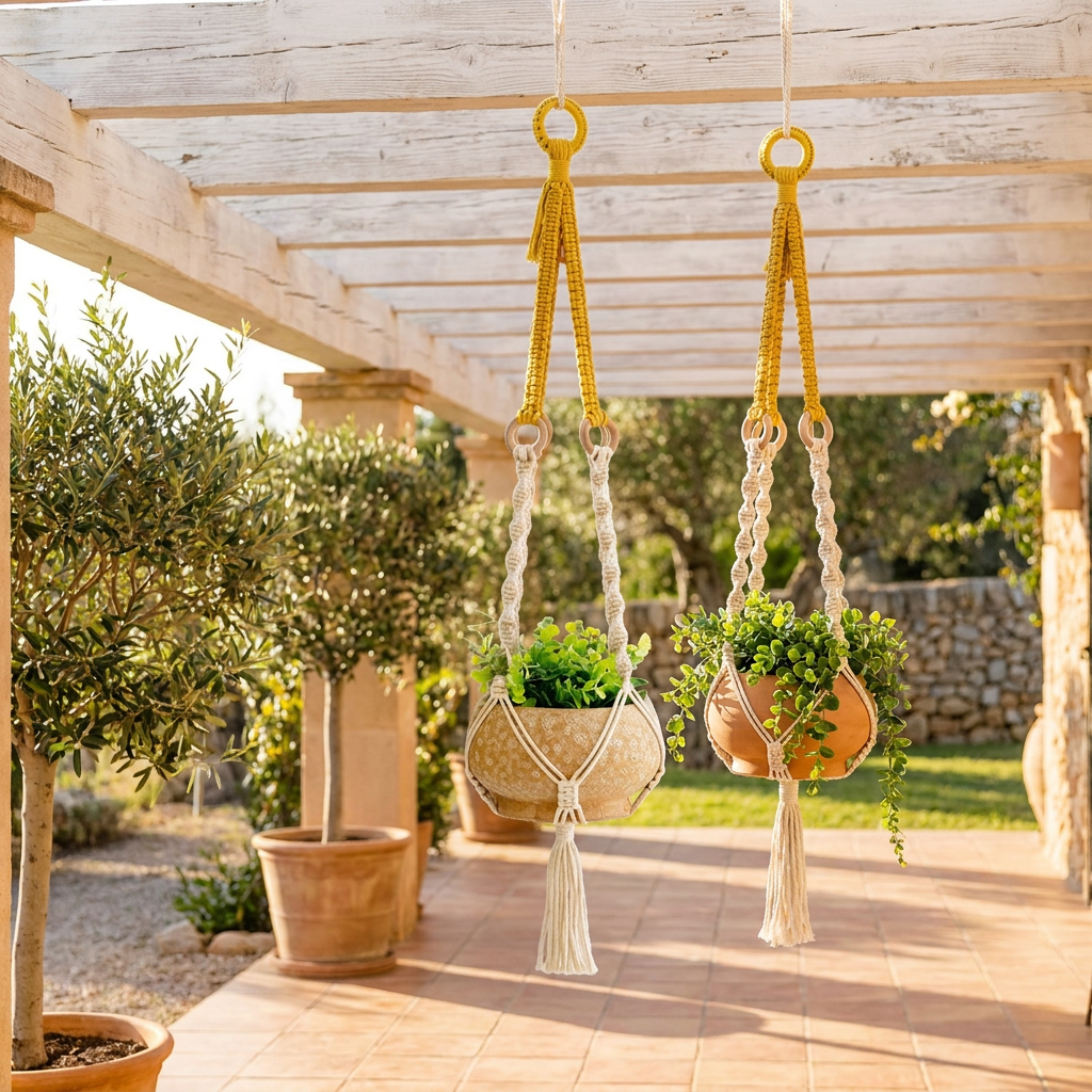 Handmade Plant Hanger Set 2 PCS（Type B）, Macrame Hanging Planter Basket with Cotton Rope Woven Design, Boho Plant Holder for Indoor Outdoor Garden Balcony Home Decor, Creative Hanging Flower Pot Holder