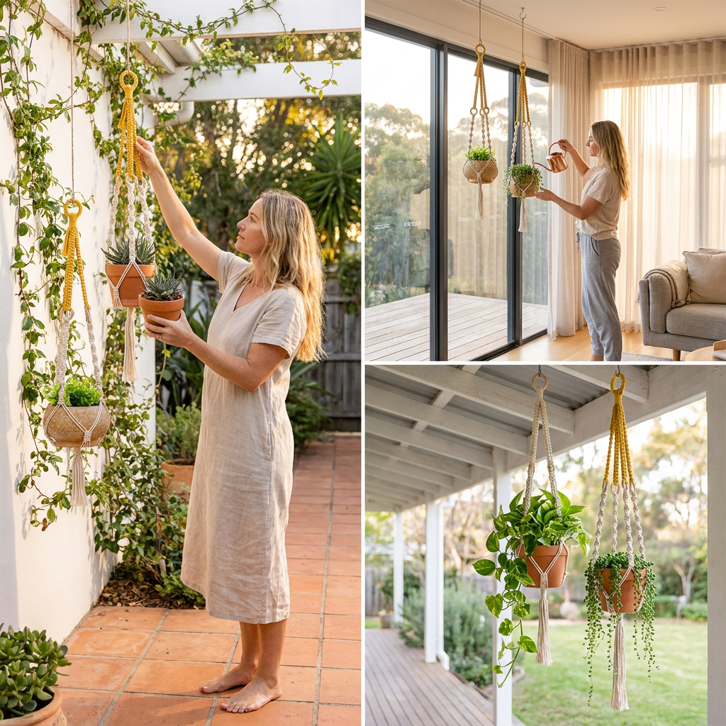 Handmade Plant Hanger Set 2 PCS（Type B）, Macrame Hanging Planter Basket with Cotton Rope Woven Design, Boho Plant Holder for Indoor Outdoor Garden Balcony Home Decor, Creative Hanging Flower Pot Holder