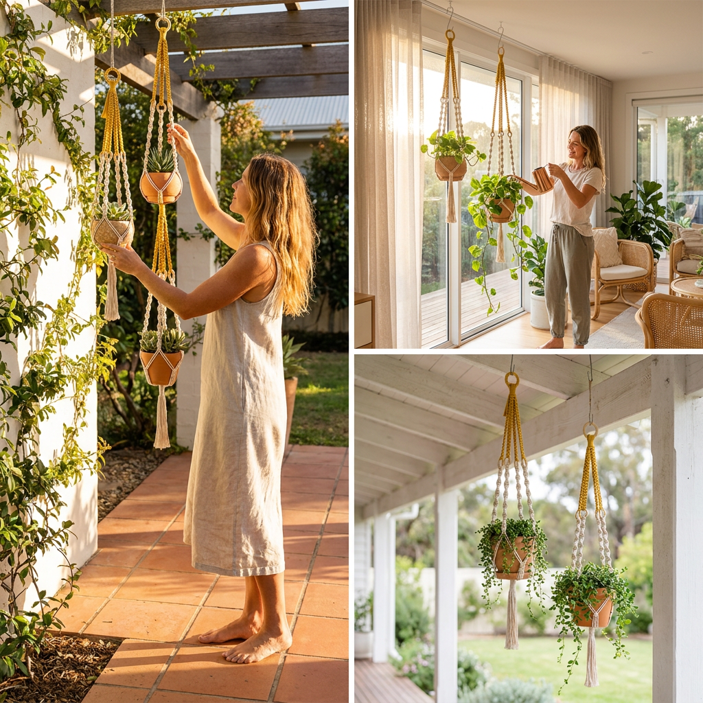 Handmade Plant Hanger Set 2 PCS（Type B）, Macrame Hanging Planter Basket with Cotton Rope Woven Design, Boho Plant Holder for Indoor Outdoor Garden Balcony Home Decor, Creative Hanging Flower Pot Holder