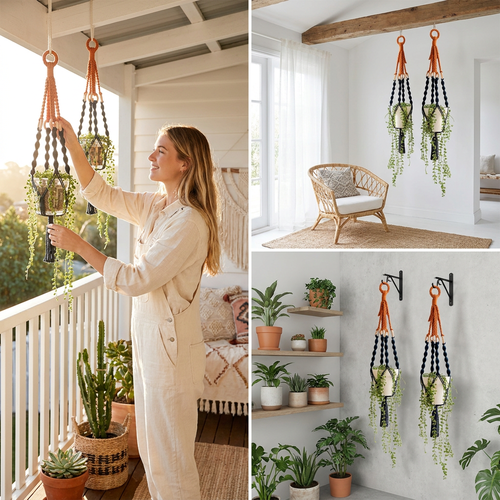 Handmade Plant Hanger Set 2 PCS（Type C）, Macrame Hanging Planter Basket with Cotton Rope Woven Design, Boho Plant Holder for Indoor Outdoor Garden Balcony Home Decor, Creative Hanging Flower Pot Holder