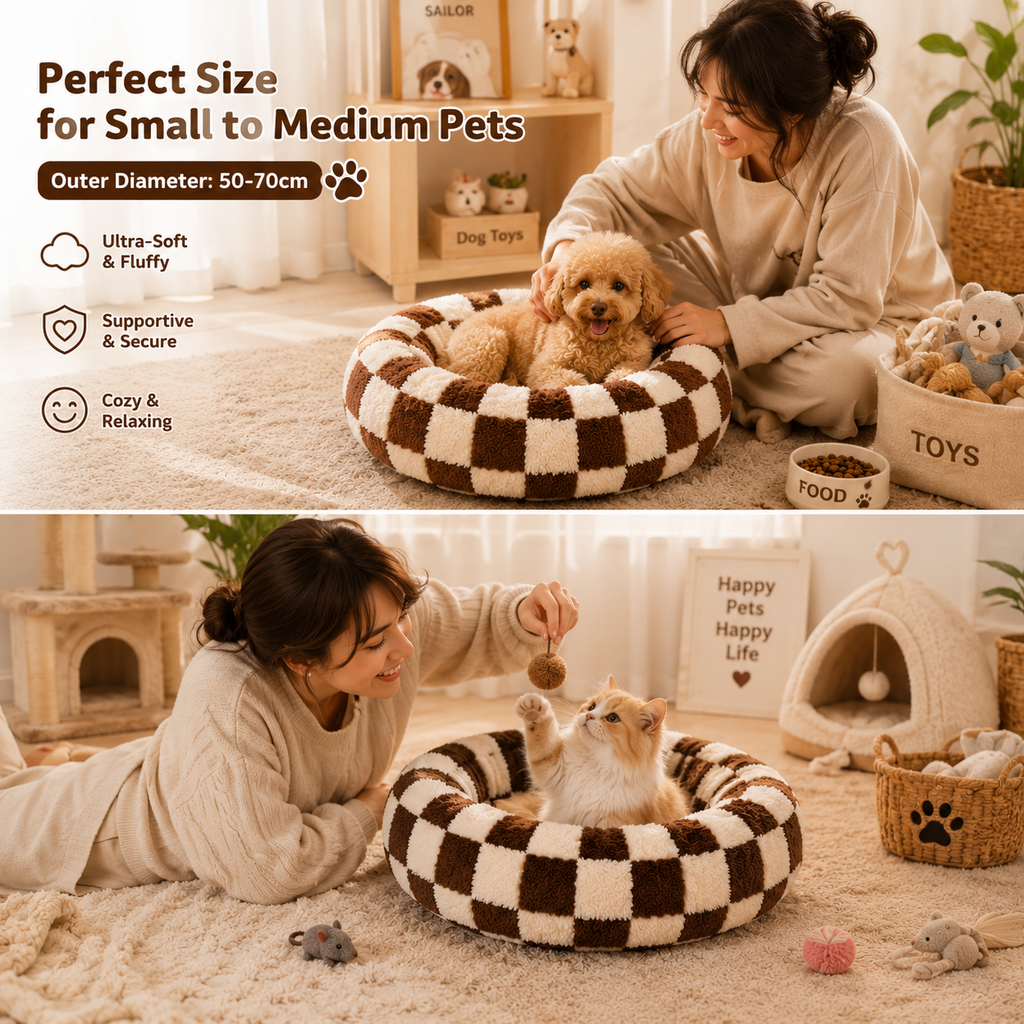 Small Medium Pet Donut Bed (Coffee plaid)-40cm outer diameter, Soft Plush Round Dog Bed and Cat Bed with Raised Rim, Cozy Calming Pet Sleeping Cushion, Checkered Washable Puppy Bed for Indoor Small Dogs Cats and Kittens