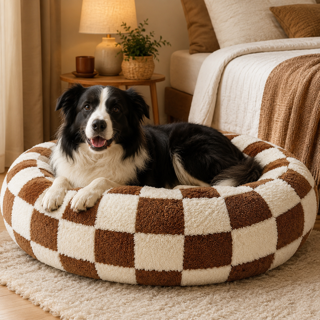 Small Medium Pet Donut Bed (Coffee plaid) -50cm outer diameter, Soft Plush Round Dog Bed and Cat Bed with Raised Rim, Cozy Calming Pet Sleeping Cushion, Checkered Washable Puppy Bed for Indoor Small Dogs Cats and Kittens