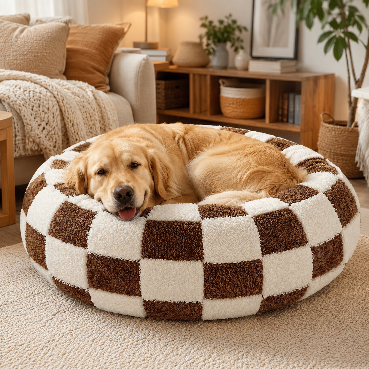 Medium Large Pet Donut Bed (Coffee plaid)-80cm outer diameter, Soft Plush Round Dog Bed and Cat Bed with Raised Rim, Cozy Calming Pet Sleeping Cushion, Checkered Washable Dog Bed for Medium Large Dogs and Cats