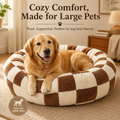 Medium Large Pet Donut Bed (Coffee plaid)-90cm outer diameter, Soft Plush Round Dog Bed and Cat Bed with Raised Rim, Cozy Calming Pet Sleeping Cushion, Checkered Washable Dog Bed for Medium Large Dogs and Cats