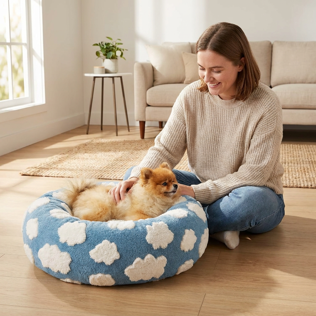 Small Medium Pet Donut Bed-50cm outer diameter, Soft Plush Round Dog Bed and Cat Bed with Raised Rim, Cozy Calming Pet Sleeping Cushion, Blue Cloud Pattern Washable Pet Bed for Small Medium Dogs Cats Puppies and Kittens