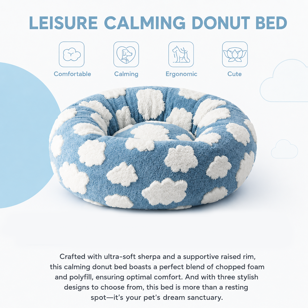 Medium Large Pet Donut Bed (Blue background with white clouds)-80cm outer diameter, Soft Plush Round Dog Bed and Cat Bed with Raised Rim, Cozy Calming Pet Sleeping Cushion, Blue Cloud Pattern Washable Pet Bed for Medium Large Dogs and Cats