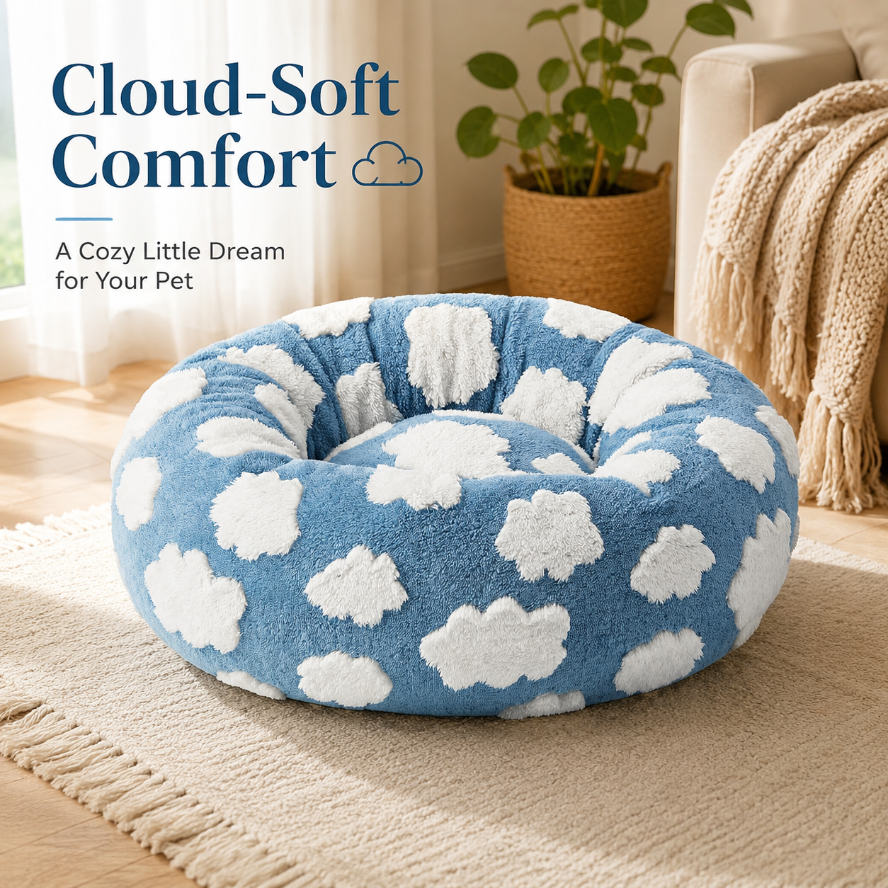 Medium Large Pet Donut Bed (Blue background with white clouds)-90cm outer diameter, Soft Plush Round Dog Bed and Cat Bed with Raised Rim, Cozy Calming Pet Sleeping Cushion, Blue Cloud Pattern Washable Pet Bed for Medium Large Dogs and Cats