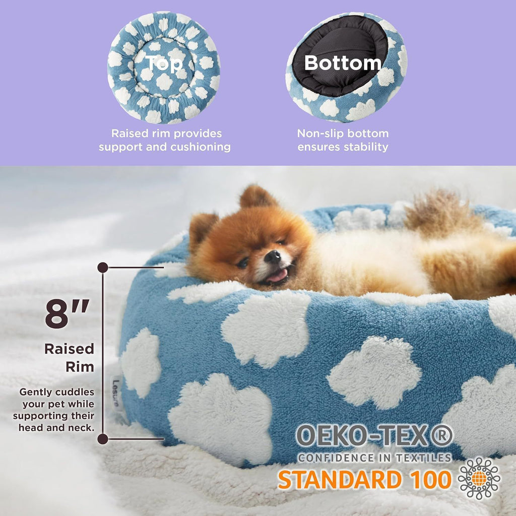 Medium Large Pet Donut Bed (Blue background with white clouds)-90cm outer diameter, Soft Plush Round Dog Bed and Cat Bed with Raised Rim, Cozy Calming Pet Sleeping Cushion, Blue Cloud Pattern Washable Pet Bed for Medium Large Dogs and Cats