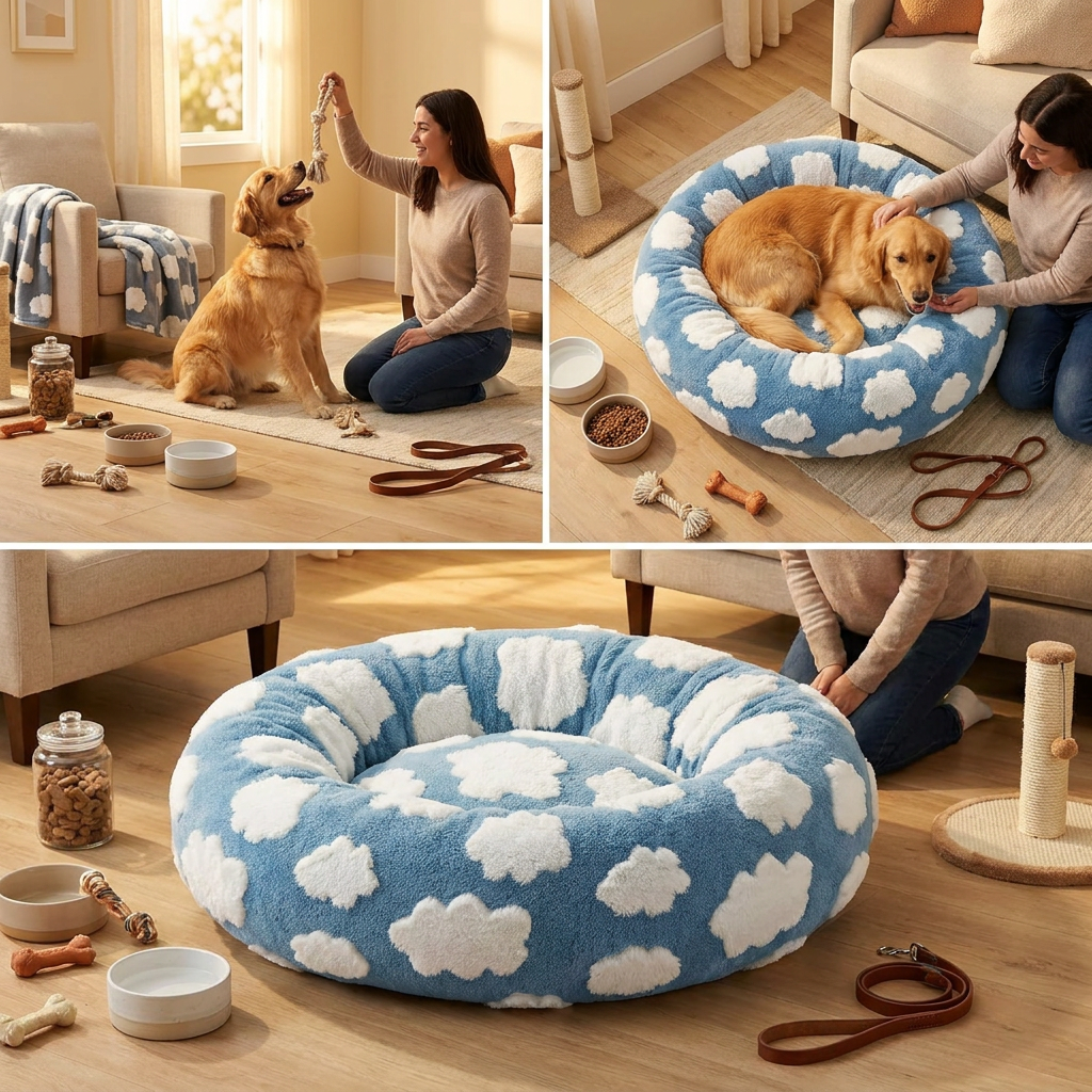 Medium Large Pet Donut Bed (Blue background with white clouds)-100cm outer diameter, Soft Plush Round Dog Bed and Cat Bed with Raised Rim, Cozy Calming Pet Sleeping Cushion, Blue Cloud Pattern Washable Pet Bed for Medium Large Dogs and Cats