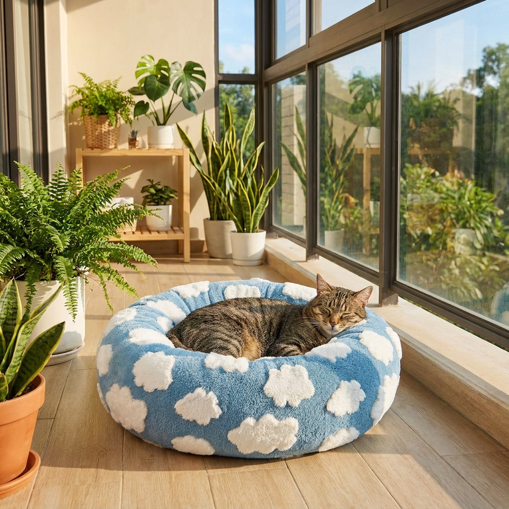 Medium Large Pet Donut Bed (Blue background with white clouds)-100cm outer diameter, Soft Plush Round Dog Bed and Cat Bed with Raised Rim, Cozy Calming Pet Sleeping Cushion, Blue Cloud Pattern Washable Pet Bed for Medium Large Dogs and Cats