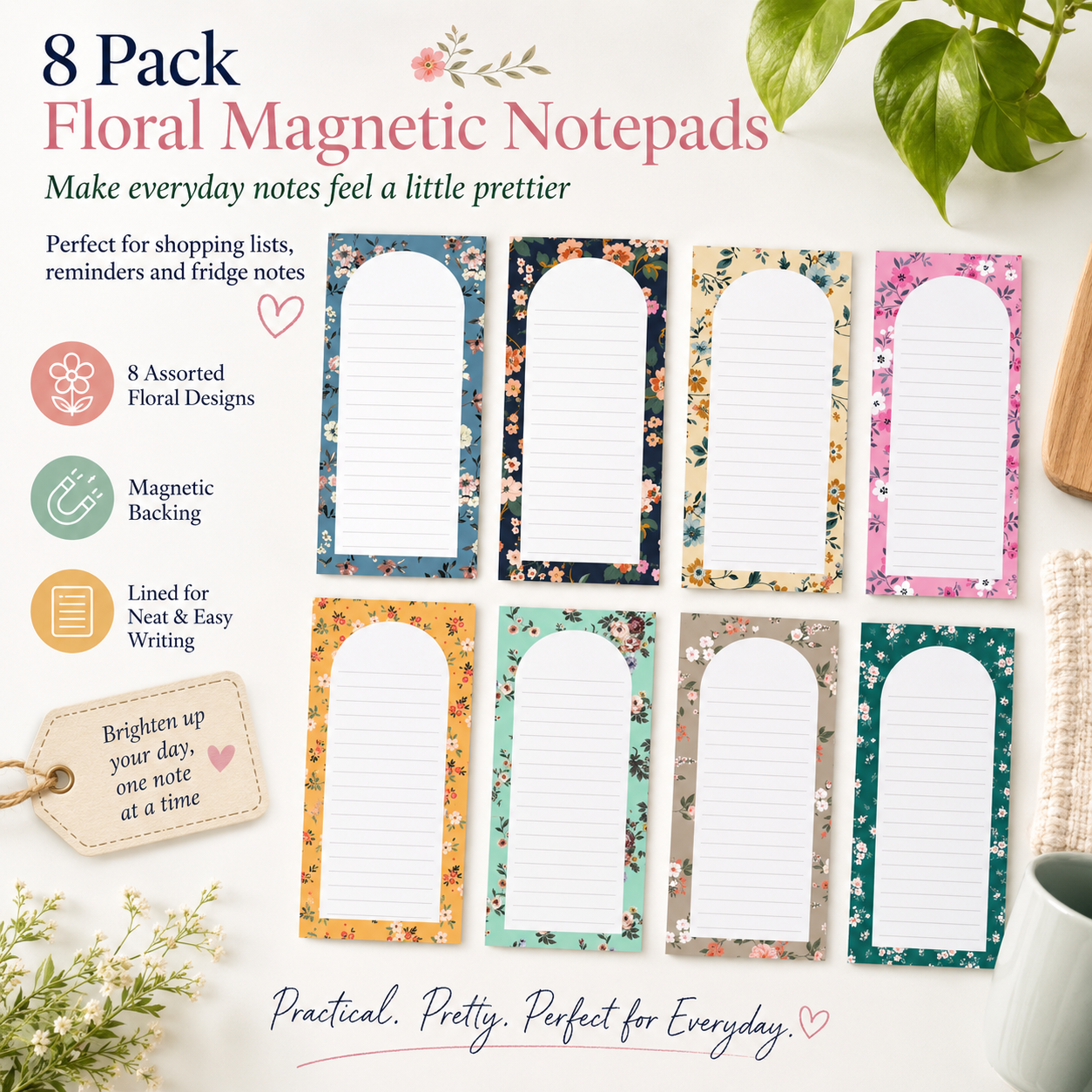 Magnetic Fridge Notepads - 8 Pack, 25 Sheets Each (Floral)
