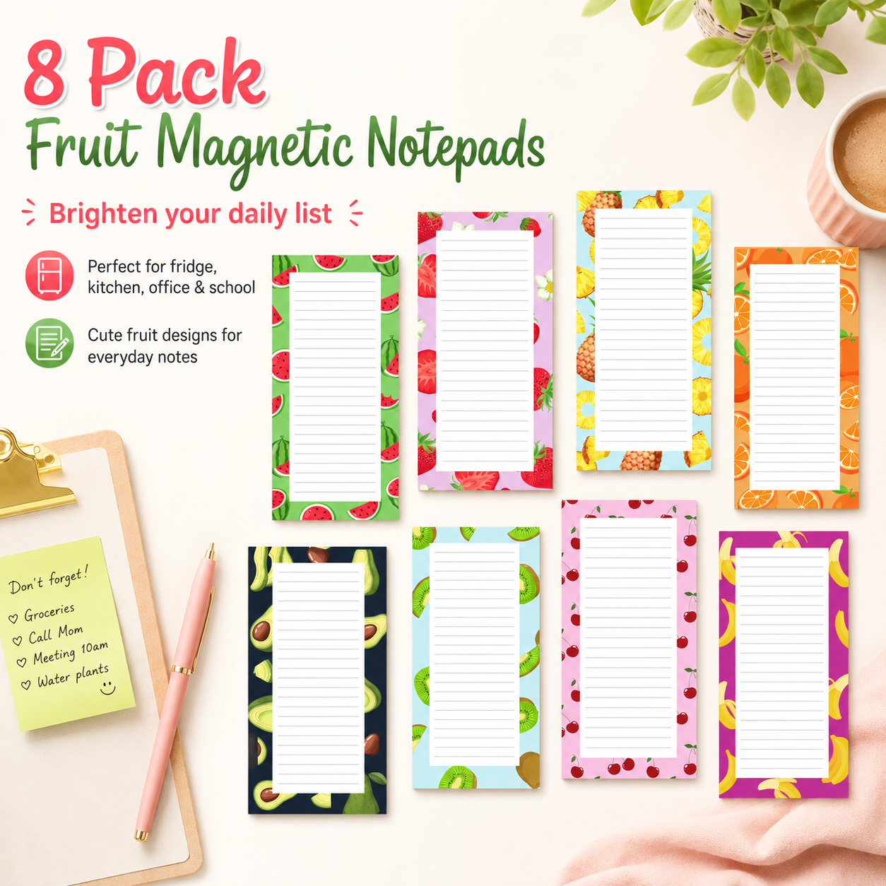 Magnetic Fridge Notepads - 8 Pack, 25 Sheets Each (Fruit, Type B)