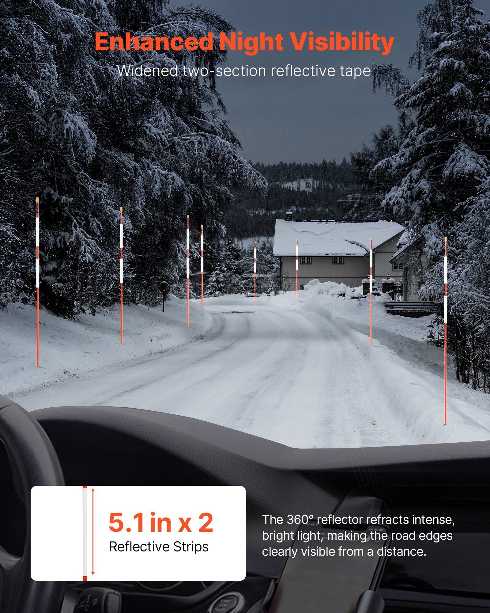 Driveway Markers, 200Pcs 122cm Long 6.35mm Dia, Hi-Visibility Driveway Reflectors with 12 in Steel Drill Bits, Reflective Snow Sticks Fiberglass Pole for Parking Lots, Walkways, Snow Plowing