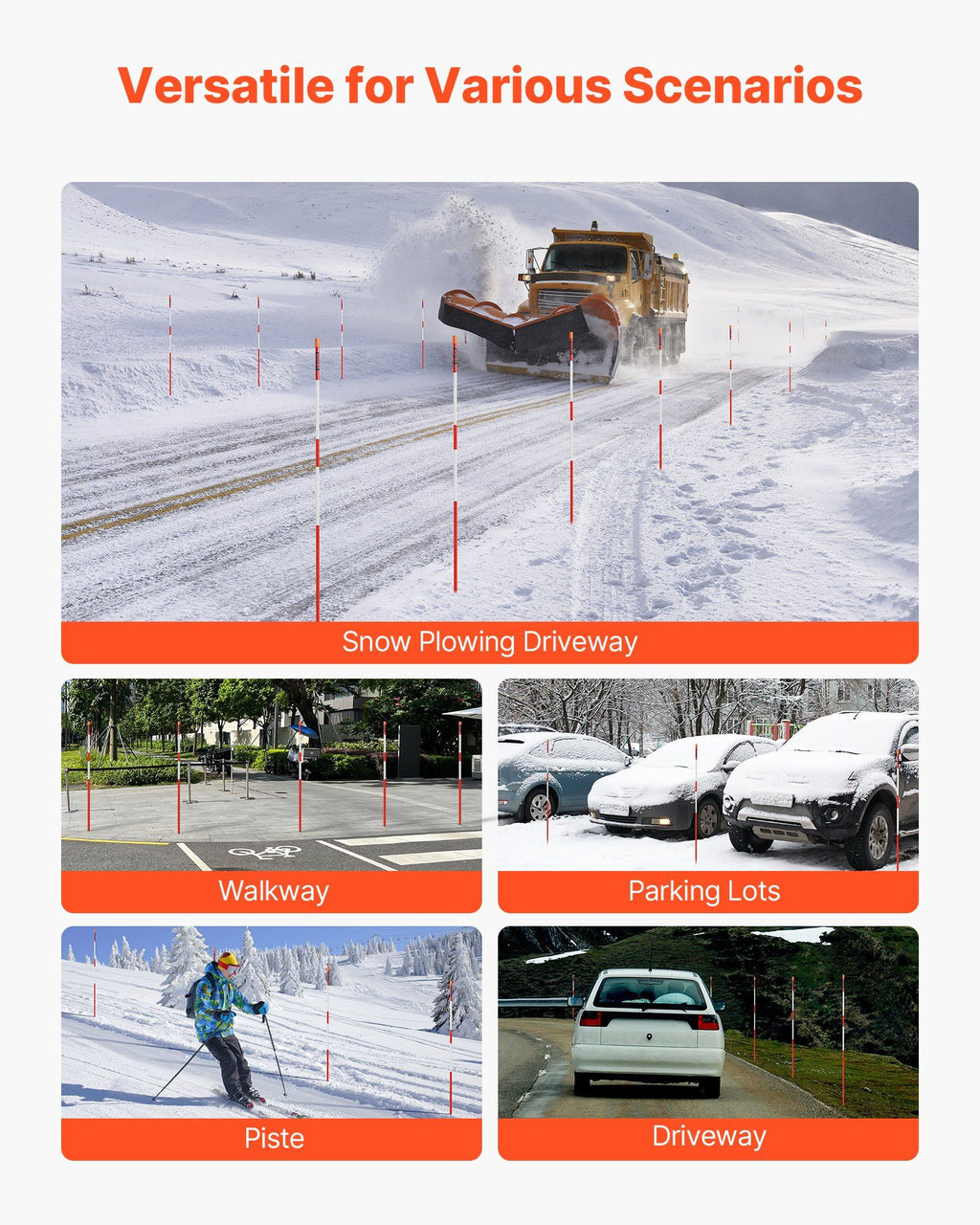 Driveway Markers, 200Pcs 122cm Long 6.35mm Dia, Hi-Visibility Driveway Reflectors with 12 in Steel Drill Bits, Reflective Snow Sticks Fiberglass Pole for Parking Lots, Walkways, Snow Plowing