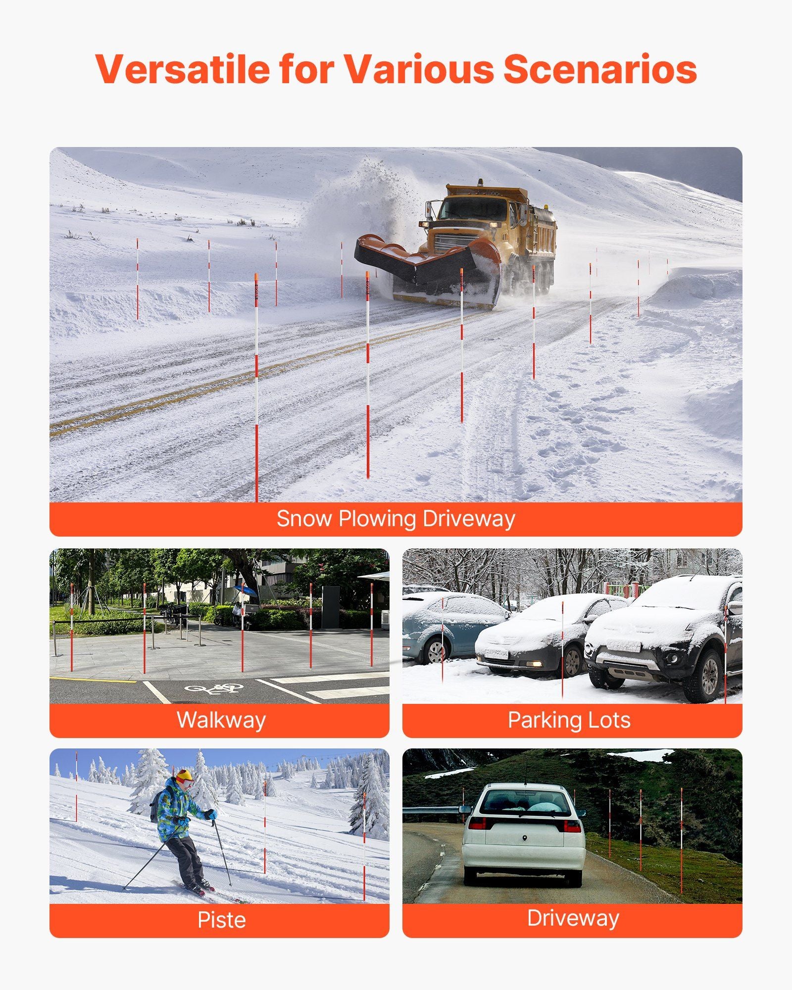 Driveway Markers, 200Pcs 122cm Long 6.35mm Dia, Hi-Visibility Driveway Reflectors with 12 in Steel Drill Bits, Reflective Snow Sticks Fiberglass Pole for Parking Lots, Walkways, Snow Plowing