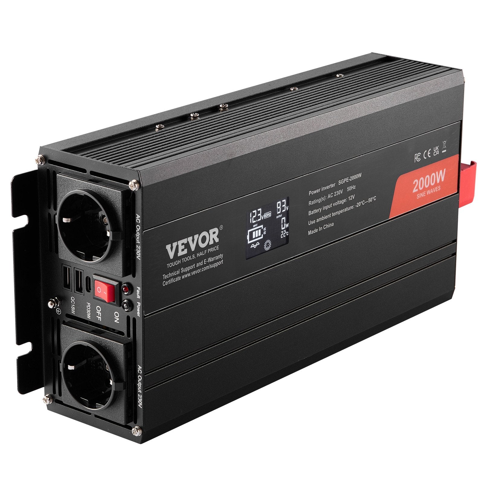 Pure Sine Wave Inverter, 2000 Watt, Power Inverter with 2 AC Outlets 2 USB Port 1 Type-C Port, LCD Display and Remote Controller for Medium-Sized Household Equipment, CE FCC