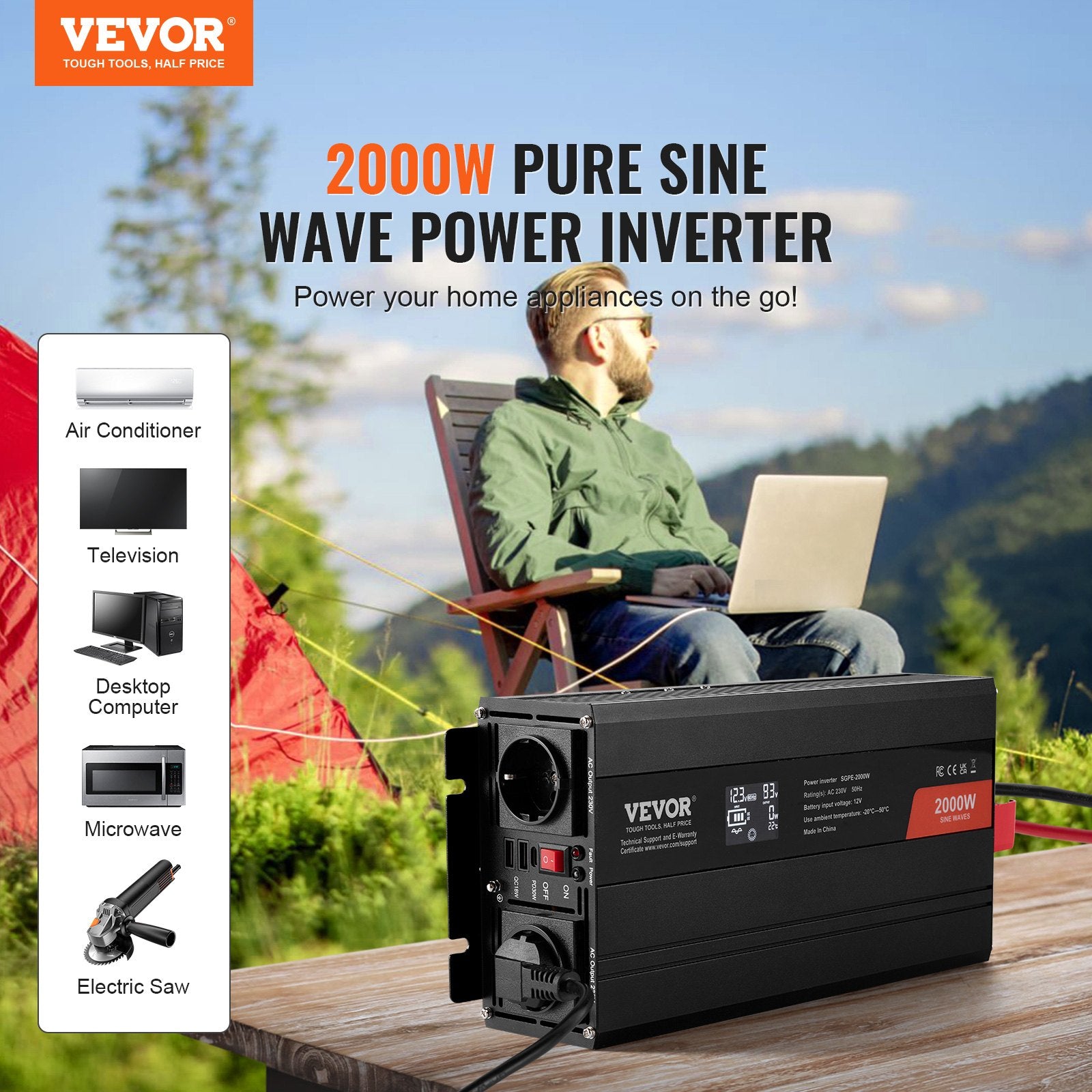 Pure Sine Wave Inverter, 2000 Watt, Power Inverter with 2 AC Outlets 2 USB Port 1 Type-C Port, LCD Display and Remote Controller for Medium-Sized Household Equipment, CE FCC