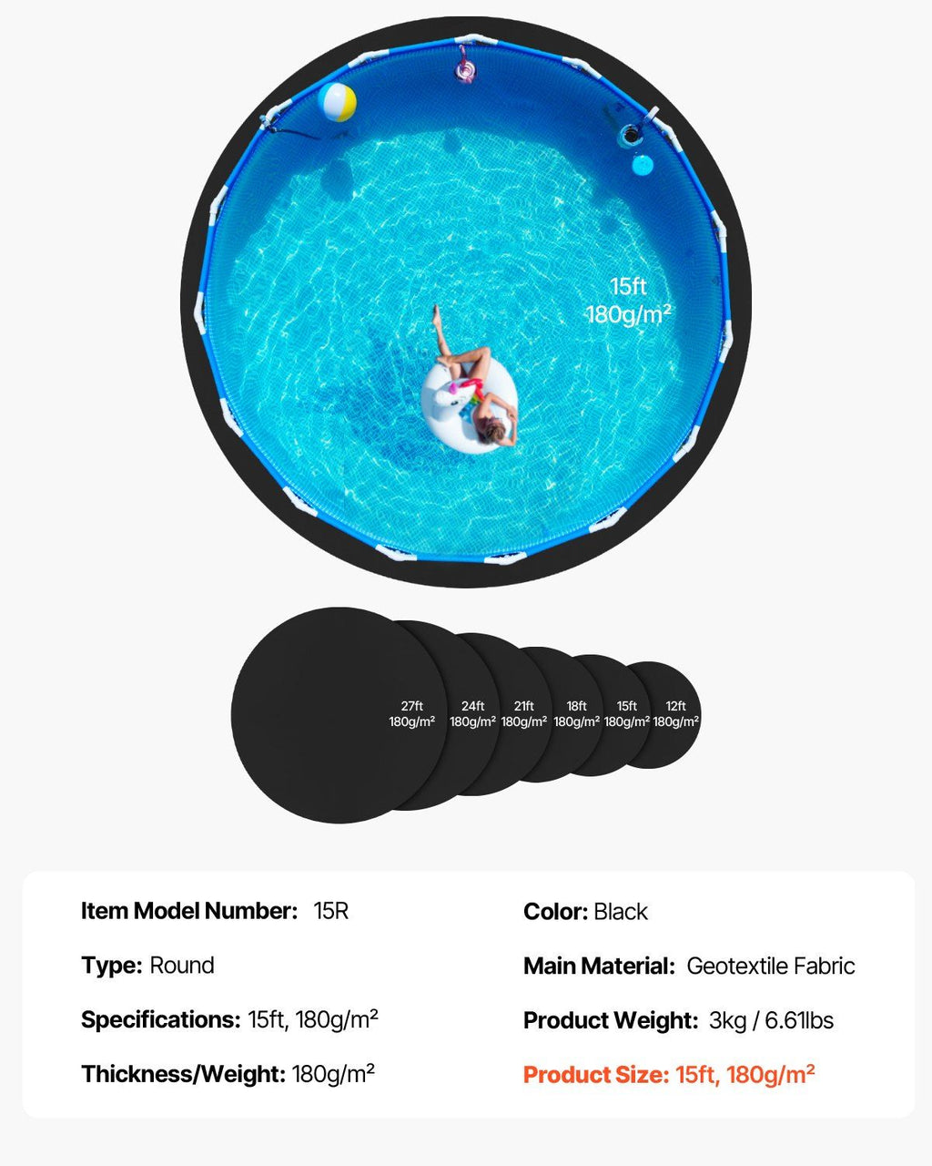 15ft Round Pool Liner Pad, Pool Liner Pad for Above Ground Swimming Pools, Extra-Thick Pool Mat, Prevents Punctures, Recycled Geotextile Material Underlayment Pad, Extend Liner Life