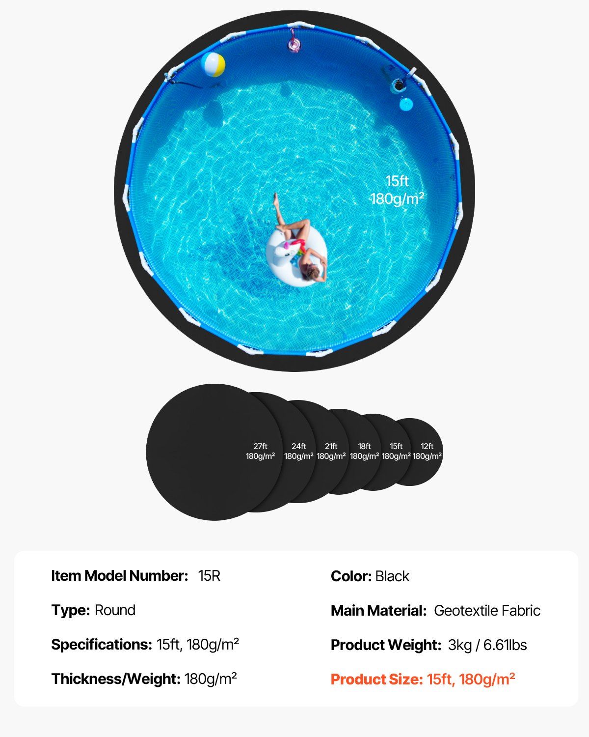15ft Round Pool Liner Pad, Pool Liner Pad for Above Ground Swimming Pools, Extra-Thick Pool Mat, Prevents Punctures, Recycled Geotextile Material Underlayment Pad, Extend Liner Life