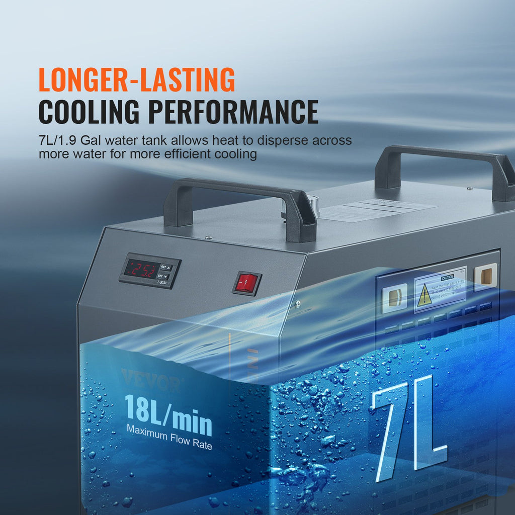 Industrial Water Chiller, CW-5202, Industrial Water Cooler Cooling System with Built-in Compressor 7L Water Tank Capacity 18 L/min Max Flow Rate, for CO2 Laser Engraving Machine Cooling Machine