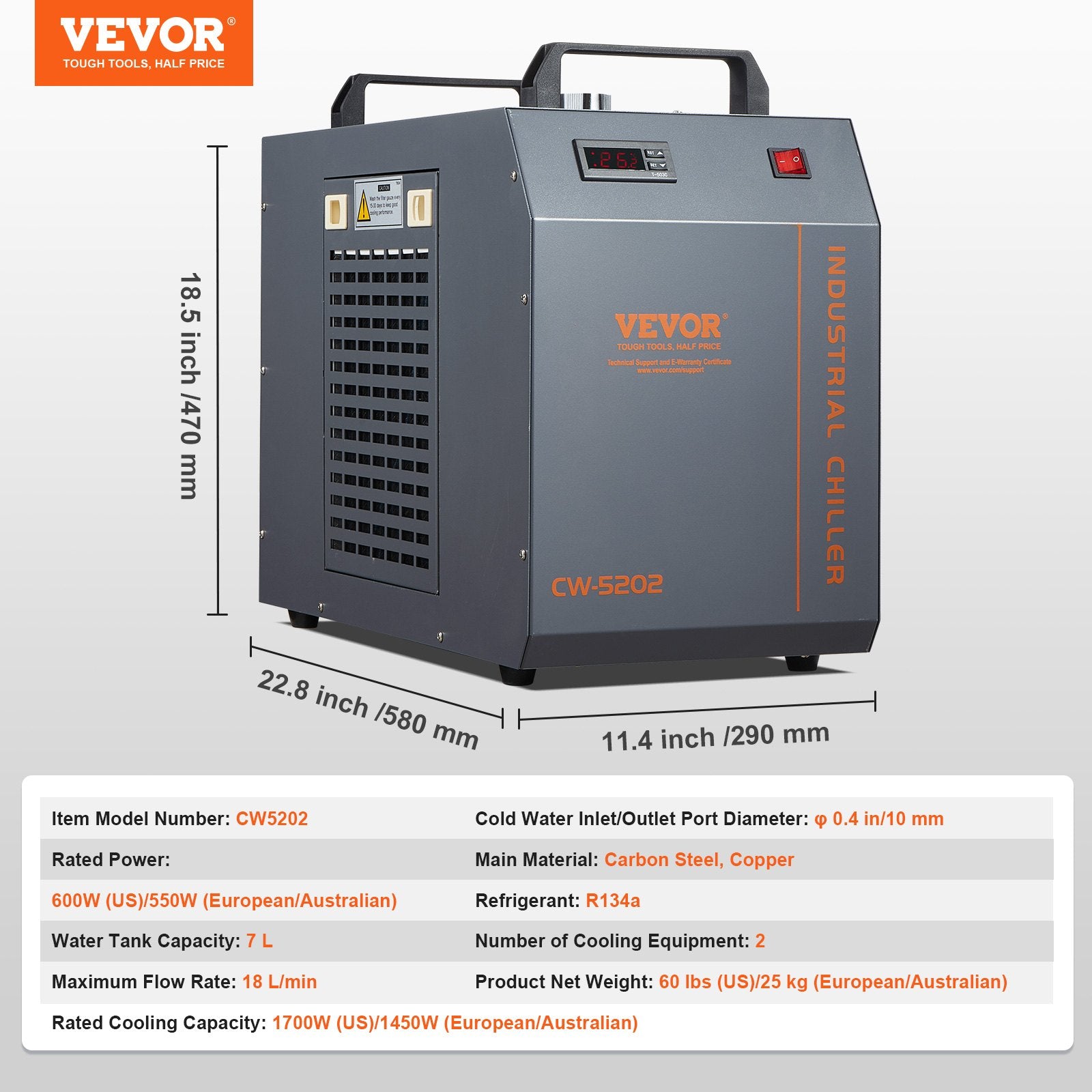 Industrial Water Chiller, CW-5202, Industrial Water Cooler Cooling System with Built-in Compressor 7L Water Tank Capacity 18 L/min Max Flow Rate, for CO2 Laser Engraving Machine Cooling Machine