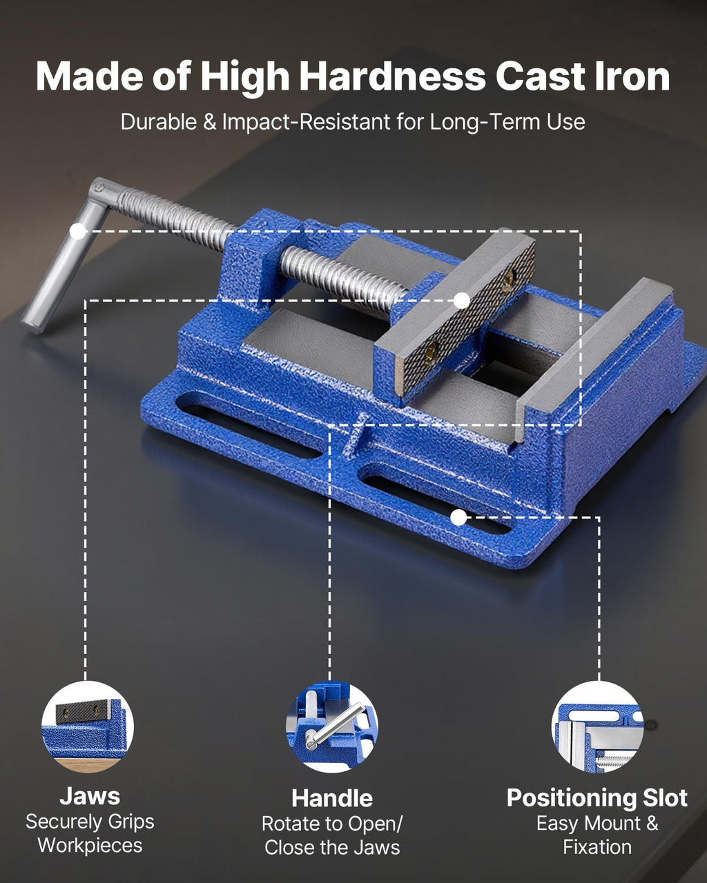Drill Press Vise, 4 Inch Jaw Width, Portable Bench Vise, Slotted Base for Easy Installation, Durable Cast Iron Construction, Workbench Vice, for Woodworking, Metalworking, Drilling, and Cutting