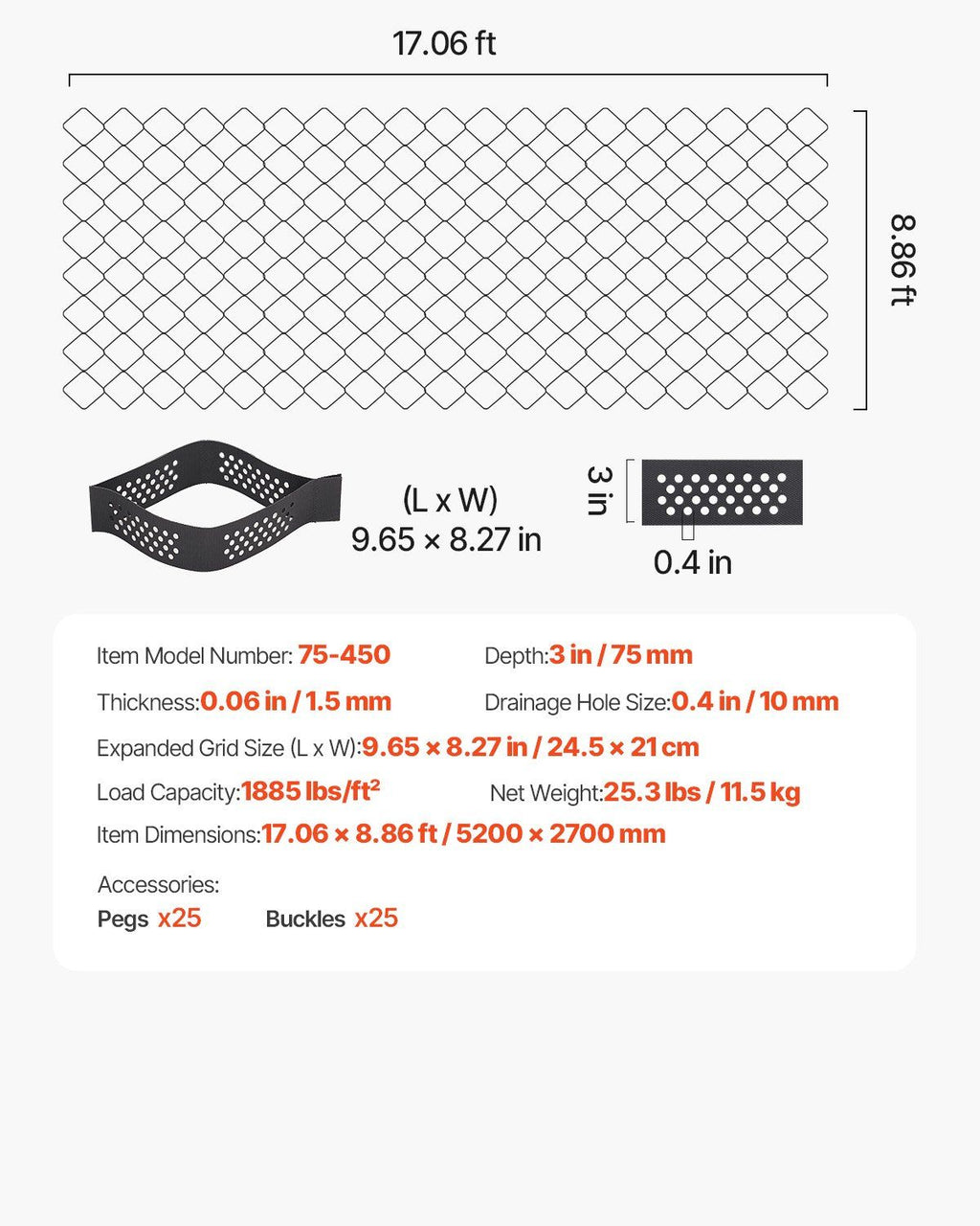 Gravel Grid, 75mm Depth, 5.2 x 2.7m, 853kg Per Sq ft Grass Ground Retainer, Permeable Geo Grids Driveway Stabilization, for Garden, Patio, Walkway, RV Parking Slopes