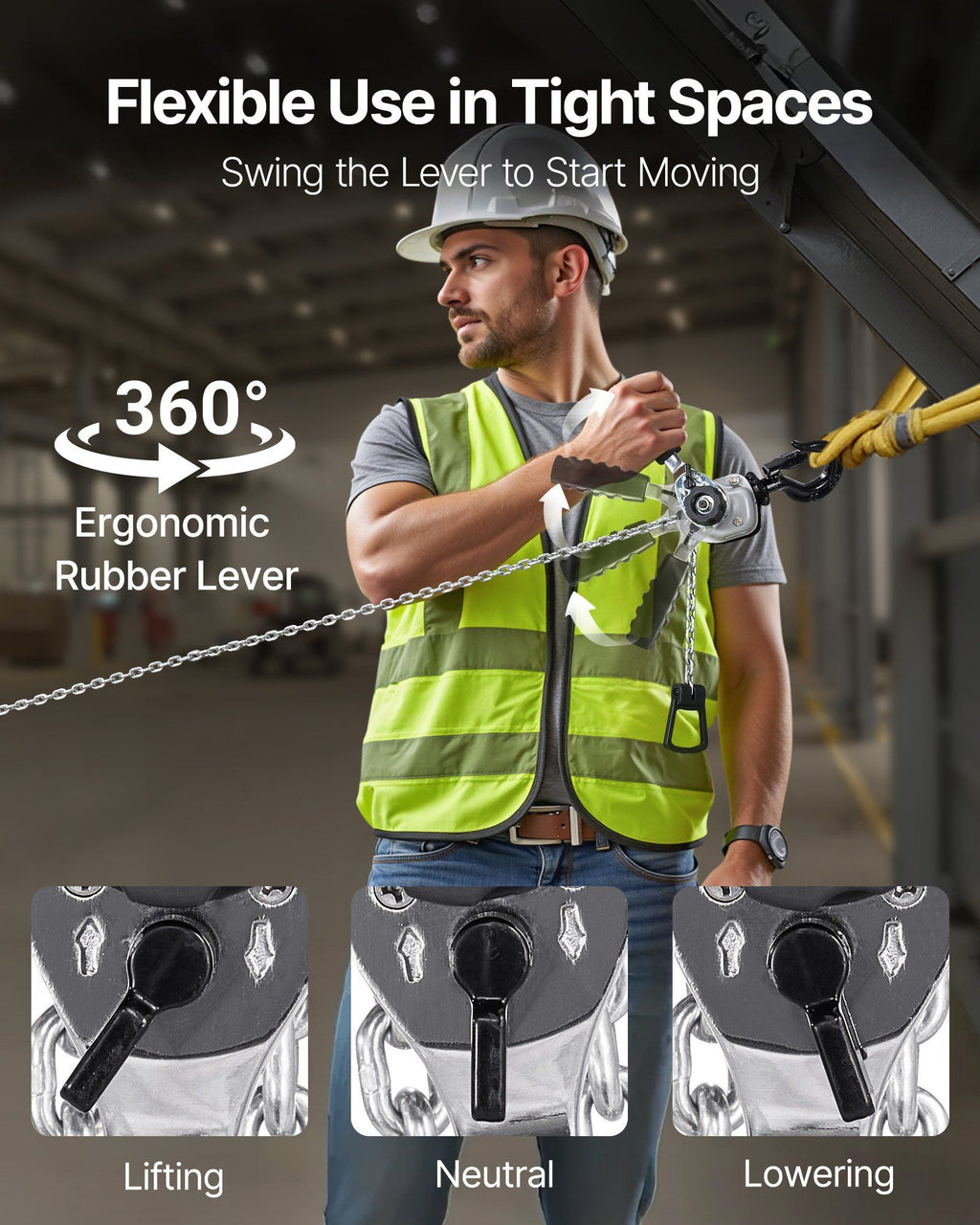 Manual Lever Chain Hoist, 1/2T 500KG Capacity Heavy Duty Come Along, 6M Lift G80 Alloy Steel Chain With Dual Pawl Mechanical Brake, 360° Rotating Hooks, for Warehouse Construction Garage