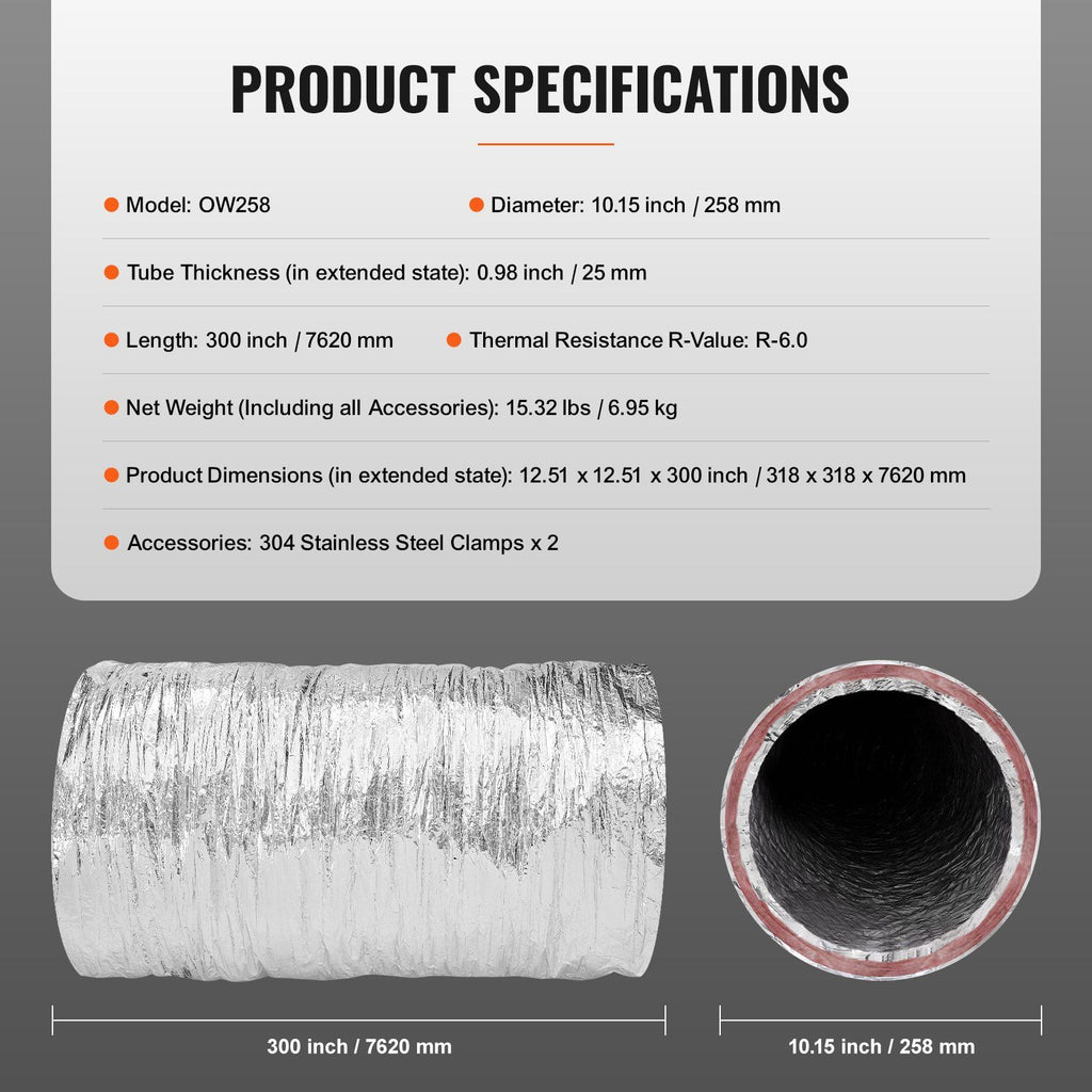 Dryer Vent Hose, 254MM Insulated Flexible Duct 7.62M Long with 2 Duct Clamps, Heavy-Duty Three Layer Protection for HVAC Heating Cooling Ventilation and Exhaust, R-6.0 Flame Resistance Value