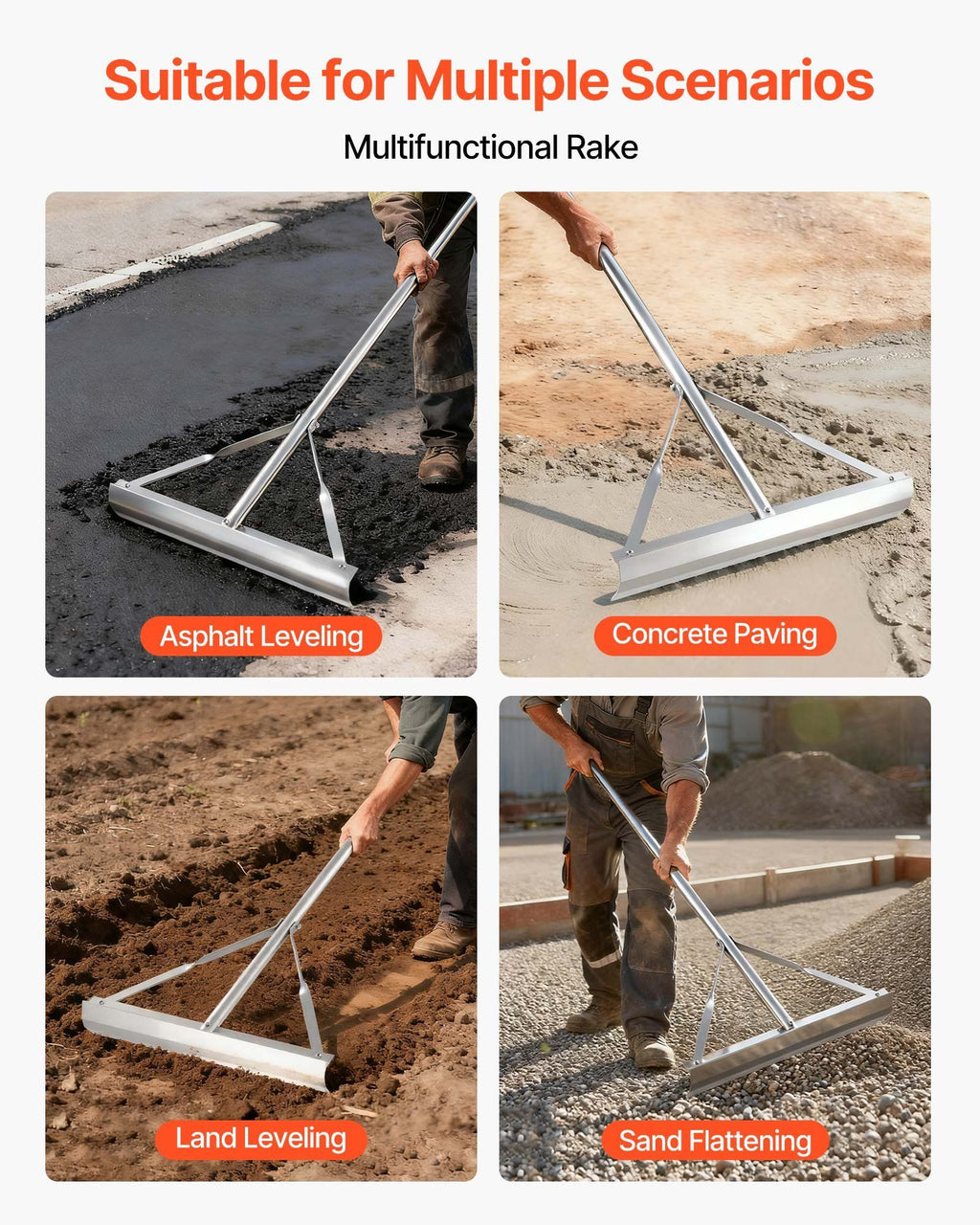 Landscape Rake, 1510 mm Handle 508 mm Wide Head, Large Heavy Duty Aluminum Landscaping Level, Asphalt Rake Tool for Asphalt & Land Leveling, Concrete Paving, Sand Flattening, No Teeth