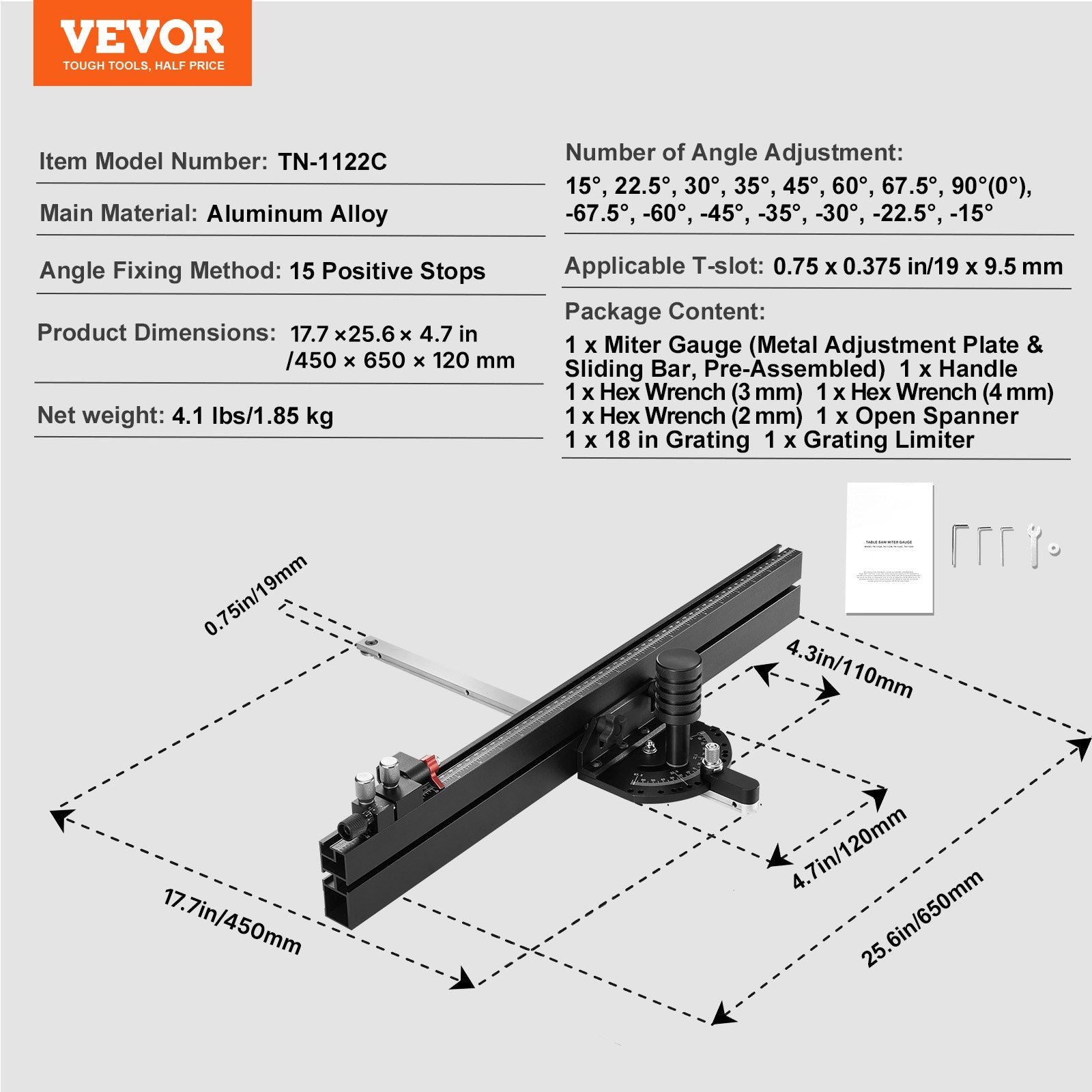 Precision Miter Gauge, Standard Slot 19 x 9.5 mm, Aluminum Alloy Table Saw Miter Gauge with 61 cm Grating 15 Angle Stops Adjustable Spring Loaded Plunger and Removable Disc, for Woodworking