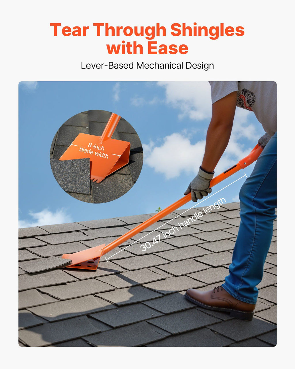 Shingle Shovel 2 Pack, D-Grip Handle Shingle Roof Ripper, High Hardness 45# Steel & Lightweight Easy Tearing Off Roofing & Nails Tool, ideal for Commercial and Residential Use,Orange