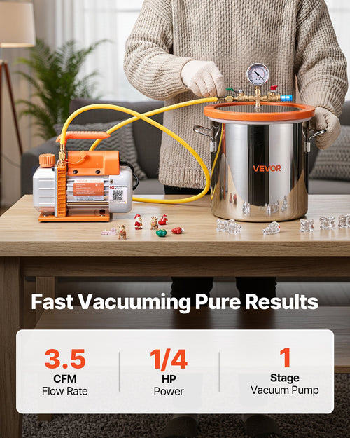11.36 L Vacuum Chamber with Pump, 3.5 CFM 99 L/min, Single Stage Vacuum Pump, Stainless Steel Degassing Chamber Kit, Tempered Glass Lid, 1.5 m Hose, for Stabilizing Wood Degassing Silicone Resin