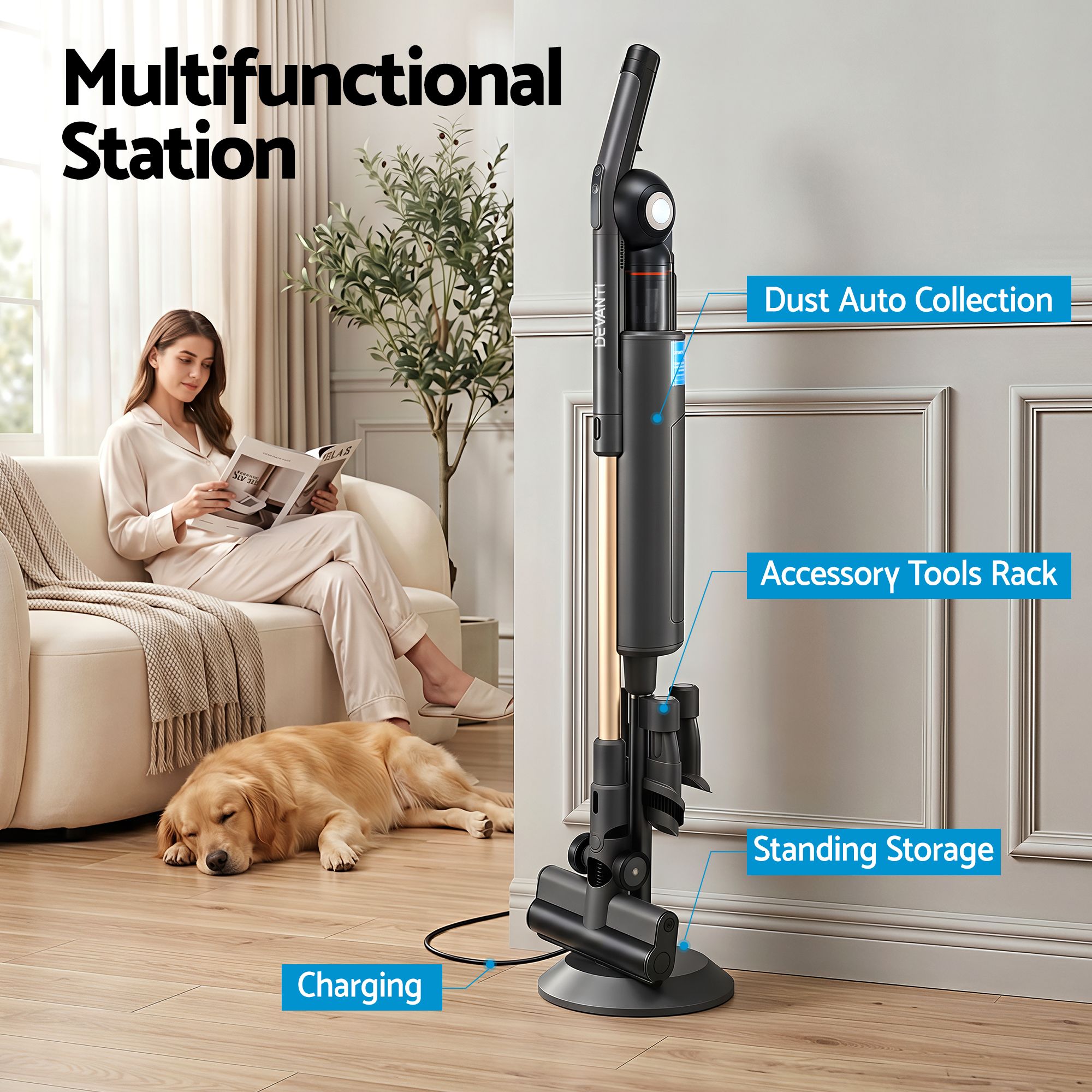 Devanti Cordless Vacuum Cleaner with Auto-Empty Dust Station, 18kPa Powerful Suction 1.05kg Lightweight 40Mins Runtime 3-Speed LED Floor Head Washable HEPA Filter Stick Vacuum, Grey