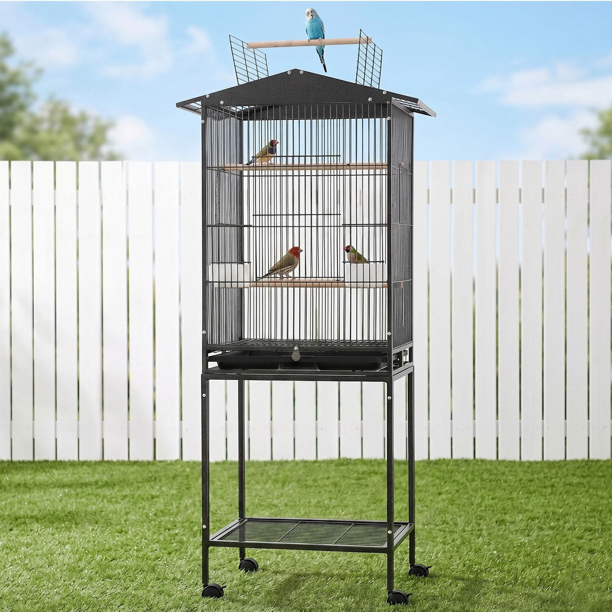 i. Pet 136cm Bird Cage Aviary Open Top Parrot Budgie Stand Wheels Black