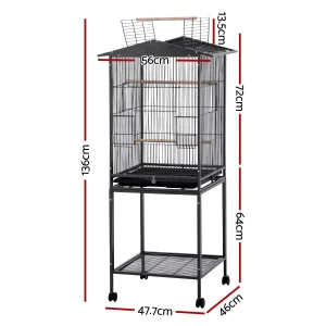 i. Pet 136cm Bird Cage Aviary Open Top Parrot Budgie Stand Wheels Black