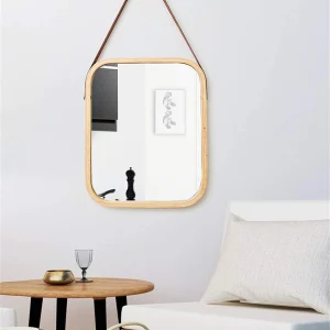 CARLA HOME Hanging Wall Mirror with Bamboo Frame with Adjustable Leather Strap for Bathroom, Bedroom, Vanity or Entryway (40 × 33 cm)